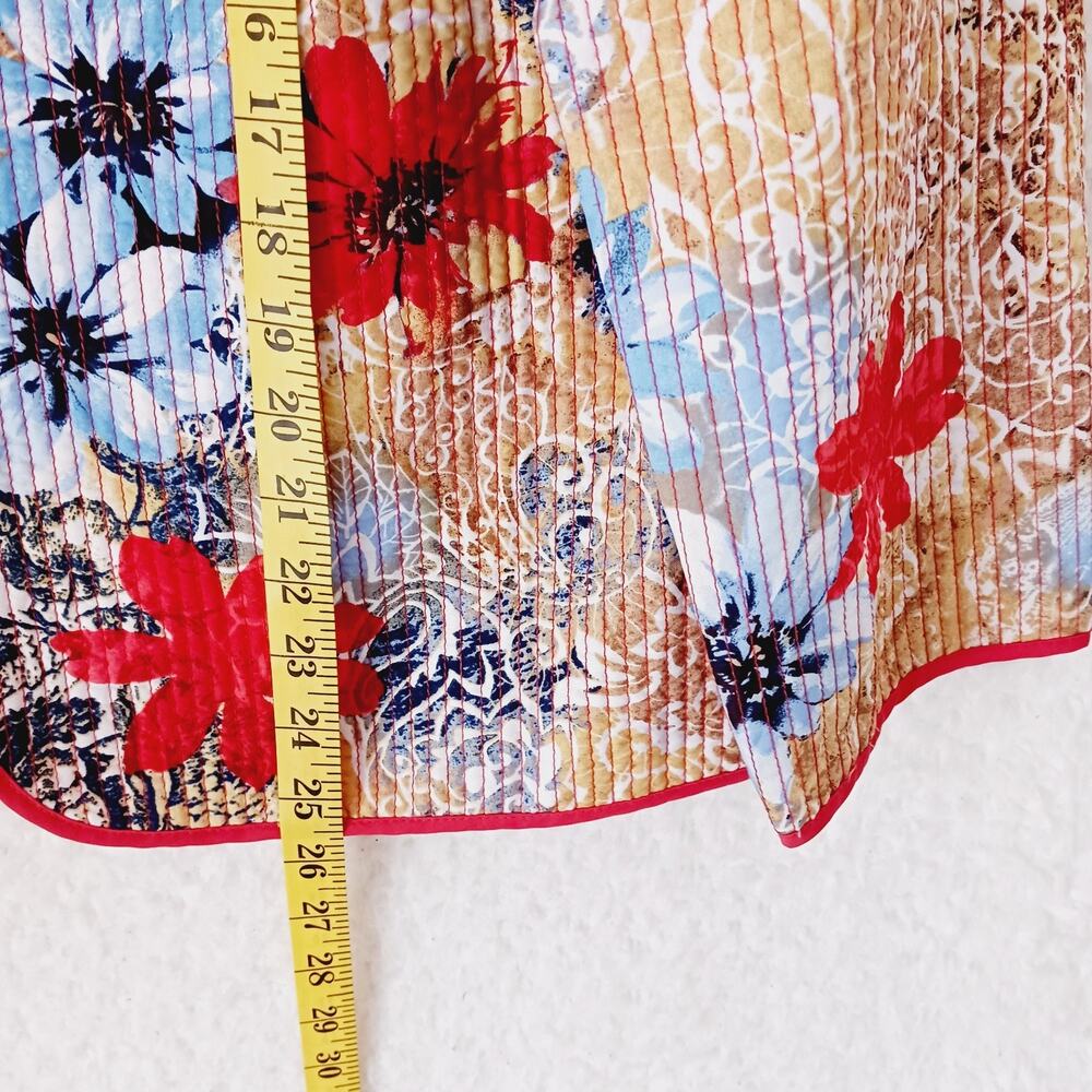 Jacket Women Open Dunner Rust Blue Topstitching Floral Mandarin Collar Size 14 - Picture 4 of 8